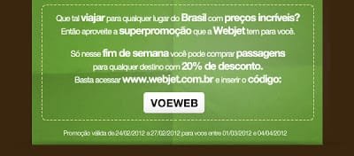 Código promocional da Webjet garante 20% de desconto