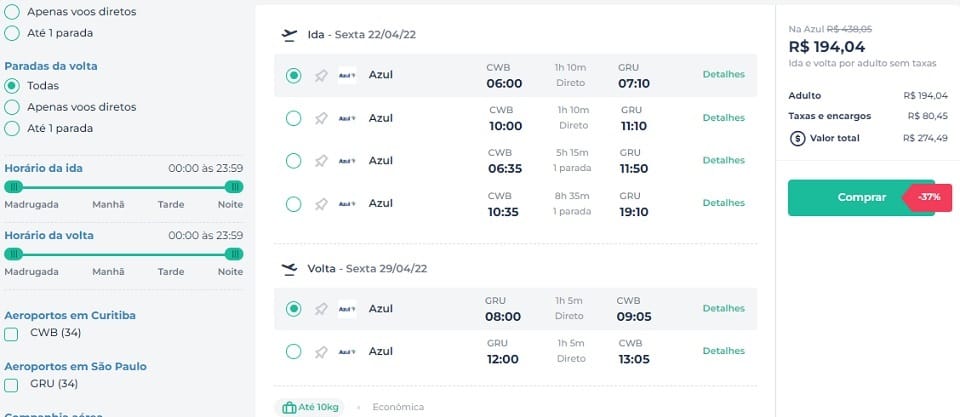 Voos de Curitiba para 11 destinos por menos de R$ 470 (ida e volta)